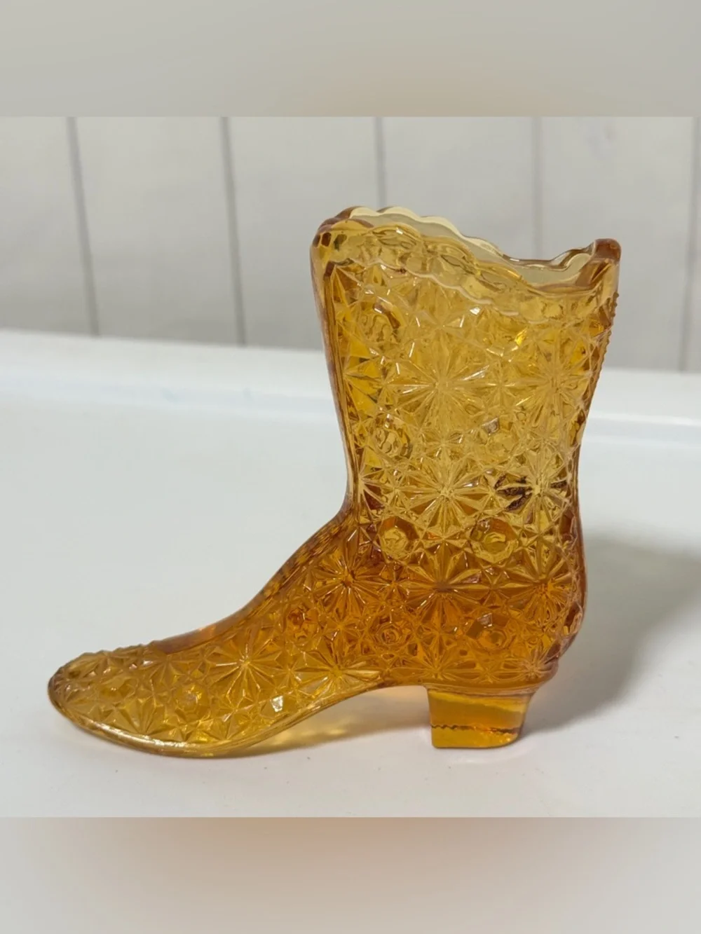 Vintage Fenton Amber‎ Glass Daisy Button Boot Tall Victorian Shoe Figurine Decor
